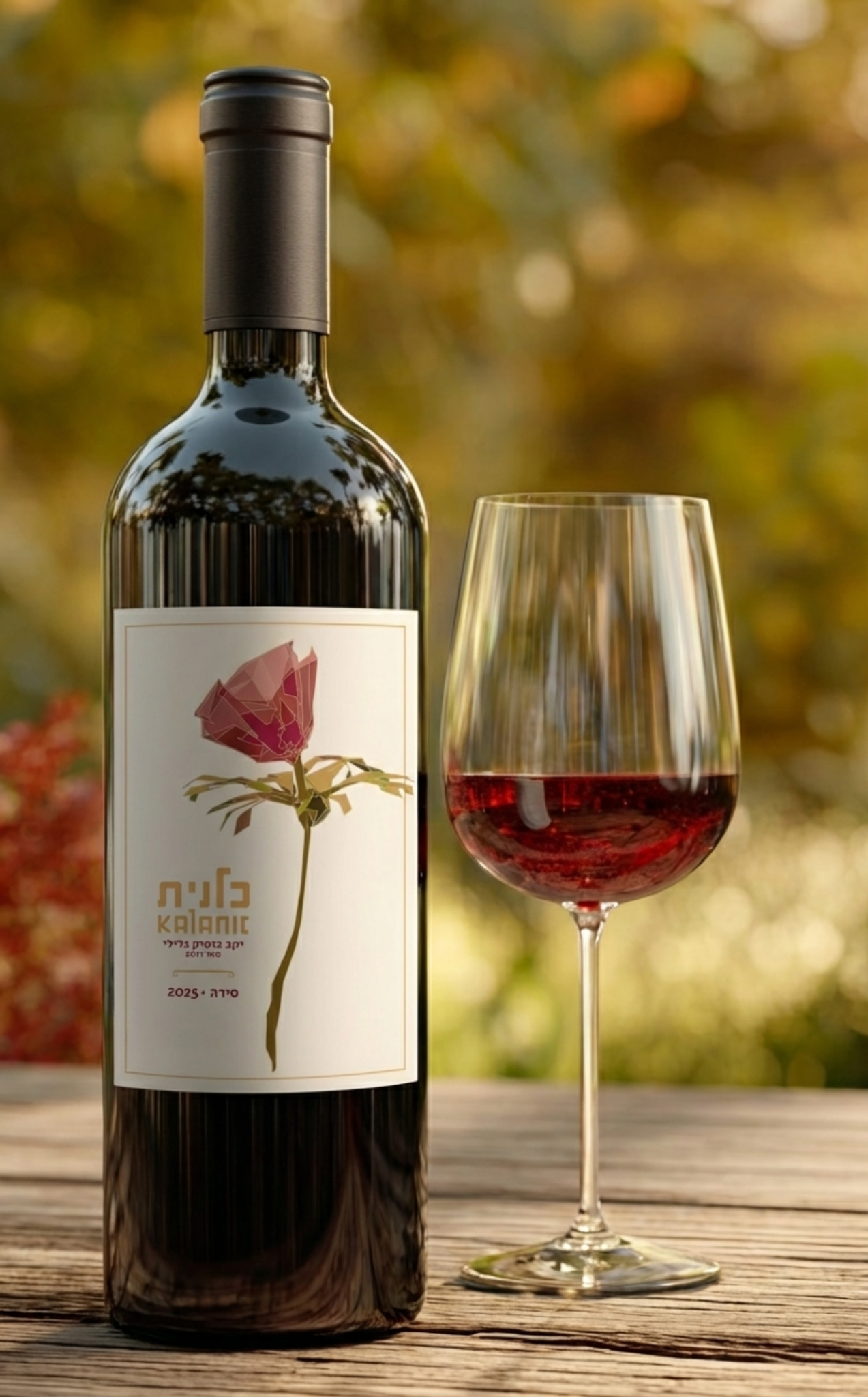 בקבוק יין וכוס של יקב כלנית